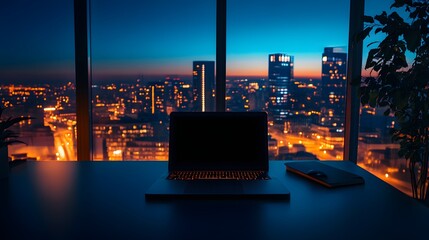 night cityscape laptop workspace view