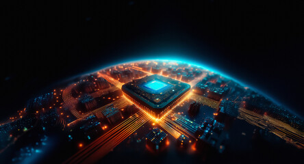 A glowing square structure resembling a futuristic city or CPU dominates a dark background. Orange and blue lights illuminate circuit patterns, evoking technology and cyberspace.