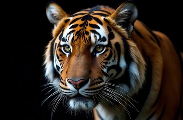 Fototapeta premium close-up portrait of a majestic Bengal tiger on black background