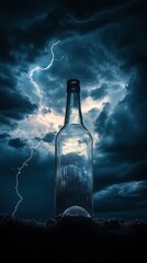 Glass bottle standing under dramatic stormy sky with lightning and dark clouds, conceptual image. Nature's power and surreal photography concept