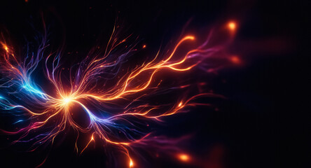 Vibrant abstract glowing lines in orange, blue, and purple radiate from a central point against a dark backdrop, evoking energy and plasma.