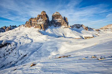 Snowy Dolomites Mountain Landscape at Sunrise &ndash; Winter Alps Scenery