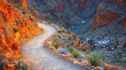Hiking trail curving through a canyon at sunrise. Possible adventure vacation use