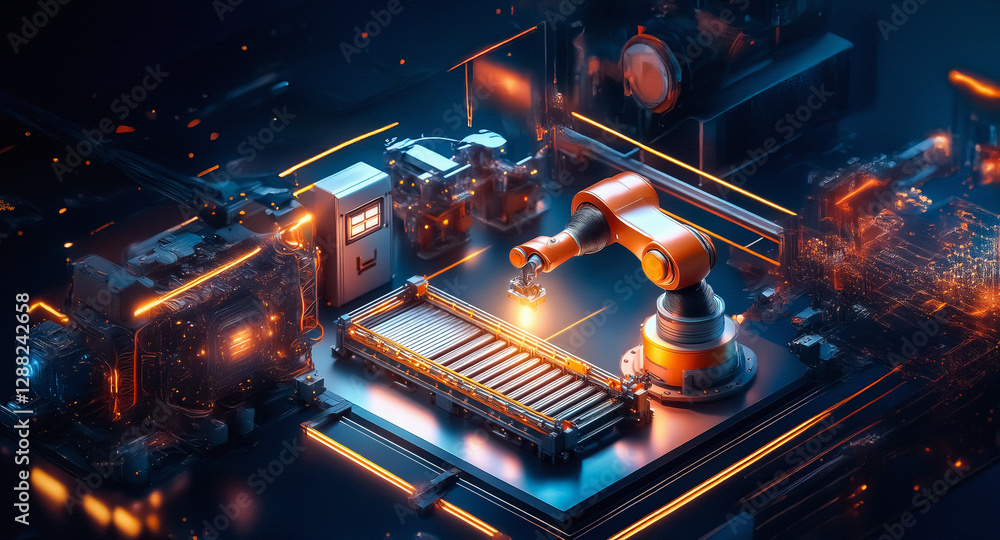 Poster futuristic factory scene with an orange robotic arm precisely welding components on a conveyor belt,