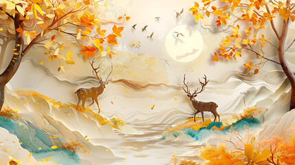Artwork digital paint wallpaper. golden leaf and sun with colorful trees and deer on a light background