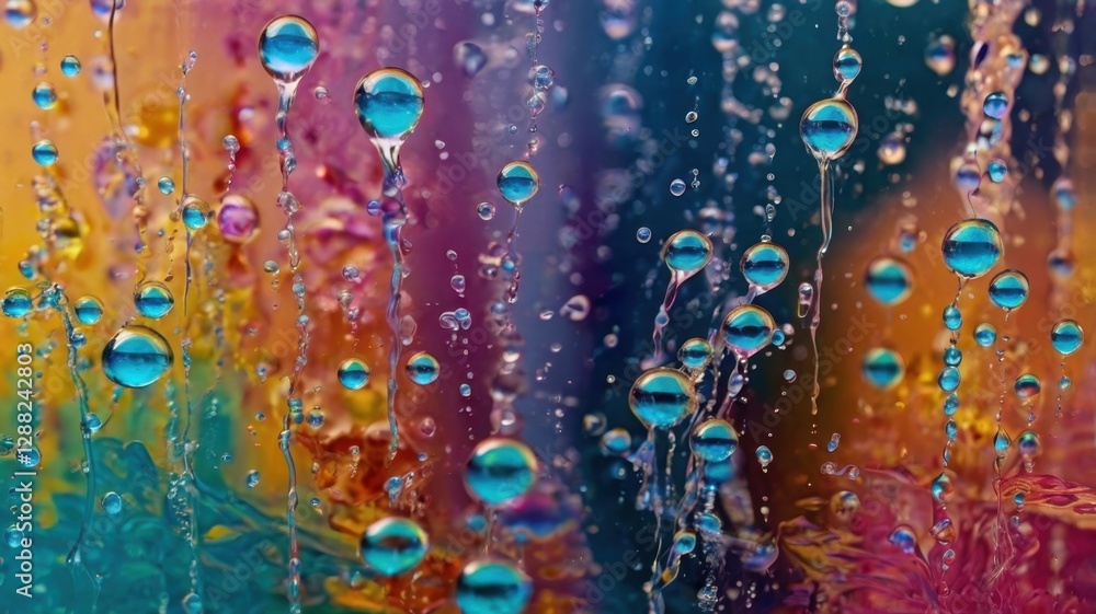 Poster abstract water drops and bubbles on transparent background with vibrant rainbow colors creates a vis