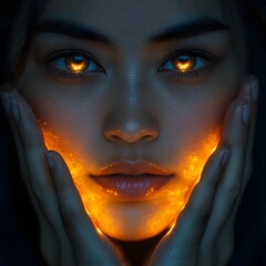 Mesmerizing Minimalist Portrait of Glowing Face with Hands Touching Skin