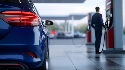 Gas station scene featuring a blue car being refueled by its owner. The modern pump design and clean fueling area emphasize vehicle maintenance. Efficient, dependable fueling.
