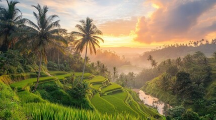 Serene sunrise over lush rice terraces with palm trees and misty mountains in the background