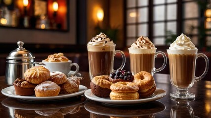 Deluxe Coffee Drinks and Assorted Pastries Display on Wooden Table in Warm Light Featuring Muffins Donuts Cream Topped Beverages and Elegant Glassware