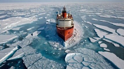 Icebreaker Ship Plowing Through Thick Ice in Arctic Waters Under Blue Sky on Sunny Day with Orange Accents and Creates a Visual Path
