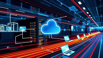 Futuristic data center with cloud computing visuals and dynamic light trails in background - Powered by Adobe