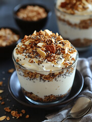 Delicious layered yogurt parfait with granola and nuts