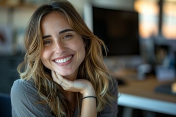 Smiling young woman indoors, soft lighting. Neural network AI generated