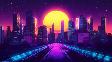 Obraz premium Neon colored cityscape in a retrowave style