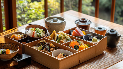 A beautifully arranged traditional Japanese kaiseki meal served in elegant wooden bento boxes, featuring a variety of small dishes with fresh sashimi, tempura, simmered vegetables, and pickles