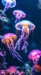 Fototapeta premium Vibrant jellyfish swimming gracefully in deep blue ocean.