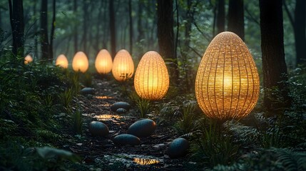 Fototapeta premium Glowing Easter Egg Shaped Lanterns Lighting Up a Magical Forest Twilight Hunt for Children