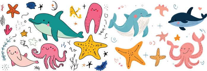 
A cute, simple clip art-style drawing of adorable sea animals like a smiling dolphin, a curious octopus, and a playful starfish, all in soft pastel colors.