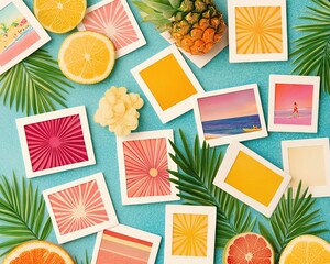 Bright tropical fruits and vibrant photographs create a colorful summer vibe on a blue background.