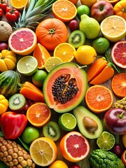 Bright assorted fruits background with citrus, papaya, berries and kiwi / Fondo de frutas variadas brillantes con c&iacute;tricos, papaya, bayas y kiwi