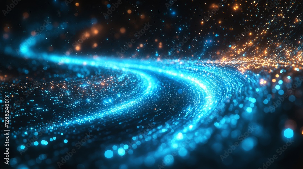 Poster abstract image of glowing blue and orange particles in motion resembling a cosmic stream, futuristic