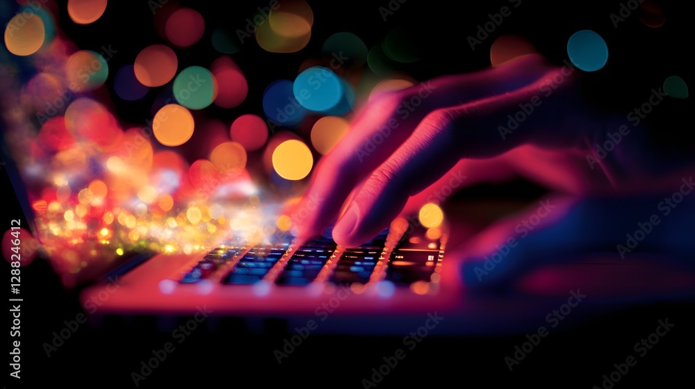 Poster hands typing on laptop keyboard with colorful bokeh lights