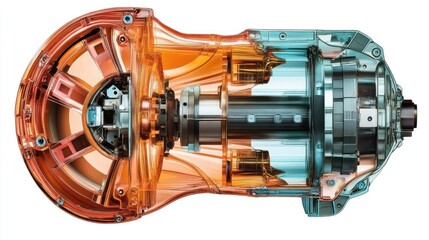 Detailed view of a transparent engine component showcasing internal mechanisms and design