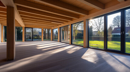 A modern wooden extension in mid-construction, showcasing a strong framework of wooden beams. The structure allows for future large windows and a terrace, embracing sustainable bui
