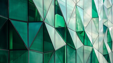 Modern geometric glass facade, close-up view in green hues, urban architecture background, design concept