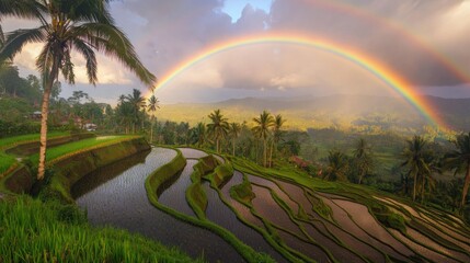 Obraz premium Lush terraced rice fields under a vibrant rainbow, showcasing nature's beauty in Bali