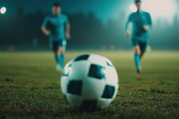 Fototapeta premium Action Shot of Two Soccer Players Running Towards a Ball at Night