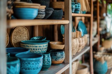 Handcrafted Bowls And Baskets On Wooden Shelves