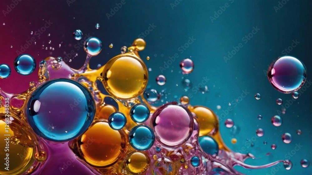 Poster abstract water drops and bubbles on transparent background with colorful spheres creates dynamic mot