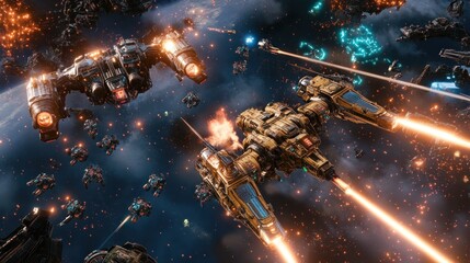 Futuristic space battle scene with advanced spaceships firing lasers amidst vibrant explosions