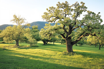 Fototapeta premium A wide green landscape with a majestic tree standing in the middle, bathed in soft sunlight, offering a serene and expansive view of nature's beauty.
