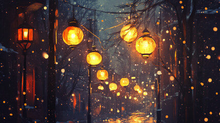 Obraz premium Warm lights illuminate a quiet street during a gentle snowfall in the evening