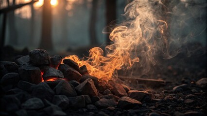 Glowing campfire with hot embers and smoke curling upwards, captured in a dark and atmospheric outdoor setting