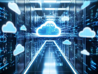 A digital cloud symbolizing modern technology connects data circuits with glowing lights, in the neon background.