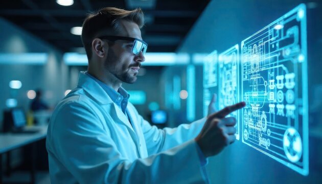 Futuristic technology interface analysis, augmented reality expert working