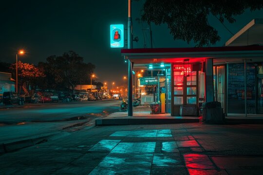 Night street scene with vibrant light trails. Neural network AI generated