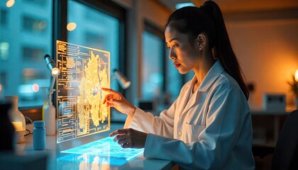 Scientist interacting with innovative interface display in modern laboratory