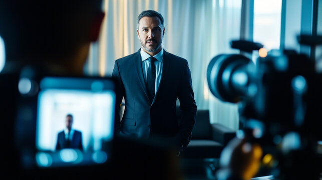 High-profile business leader prepares for an interview in a modern office setting