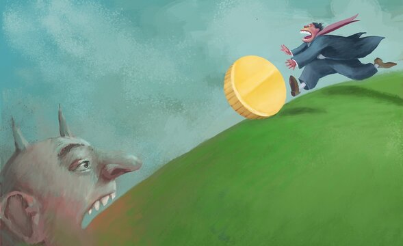 fall, a man chases a coin down a hill and at the bottom waits for him a gaping-mouthed devil ready to swallow him metaphor for economics leading to self-destruction