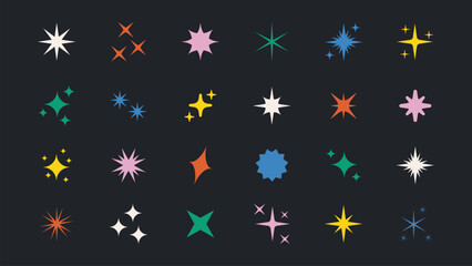 Set of colorful contemporary star sparkle shapes. Retro futuristic bright vector icons collection featuring abstract shine effect signs. Glowing twinkle templates of stars, bursts, and magic sparkles