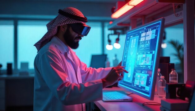Arabian scientist using virtual reality in medical advanced research lab