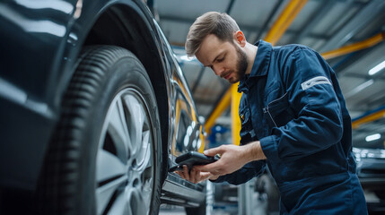 Mechanic checks tire pressure and alignment using handheld scanner in workshop setting