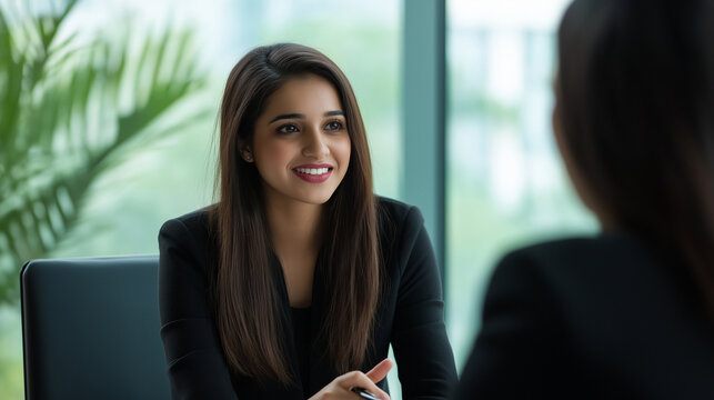 An Indian HR recruiter sits across from a potential hire, smiling while discussing job expectations. The office space is sleek, with natural light streaming through large windows.