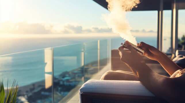 A person using a vaping device on a modern balcony with ocean views. Featuring modern trends and relaxation