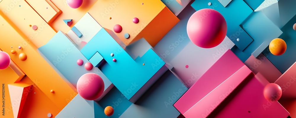 Poster A 3D abstract composition featuring geometrical forms like triangles, circles, and squares, in a fluid, colorful digital space, blending vibrant tones and sharp angles